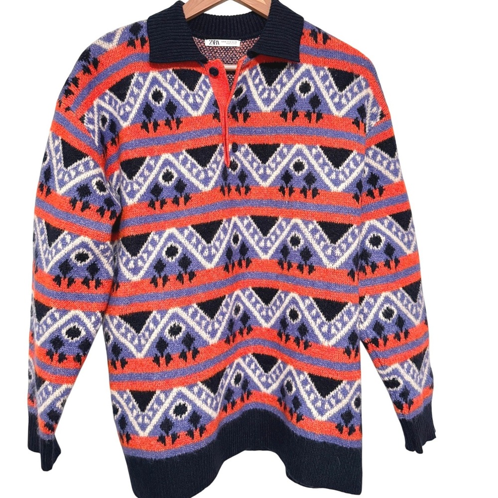 Zara Mens M Geometric Jacquard Knit Polo Sweater Purple Orange Retro Grandpacore